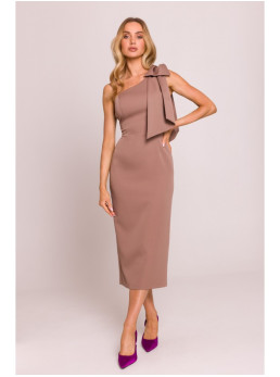 M847 Suknelė vienu petimi su kaspinu - mocca