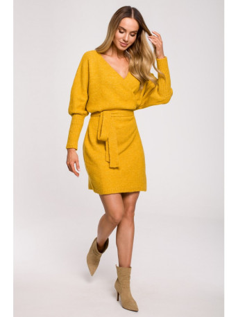 M631 Wrap sweater dress with a tie detail - honey