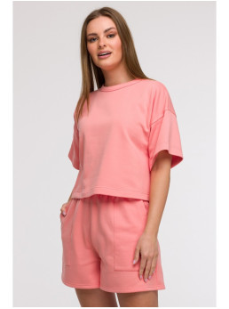 B294 Trumpintas džemperis trumpomis rankovėmis - koralinė