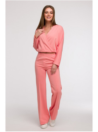 B296 Plačios kelnės su priekinėmis siūlėmis - koralinė
