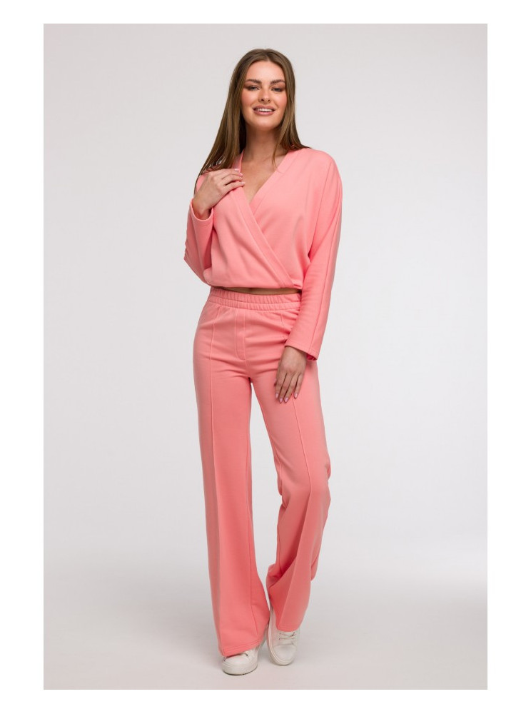 B296 Plačios kelnės su priekinėmis siūlėmis - koralinė