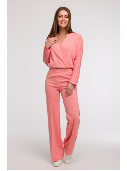 B296 Plačios kelnės su priekinėmis siūlėmis - koralinė