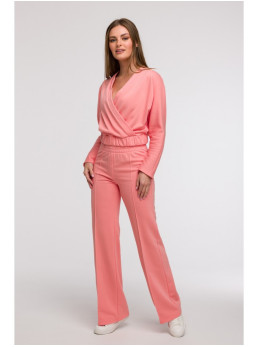 B296 Plačios kelnės su priekinėmis siūlėmis - koralinė