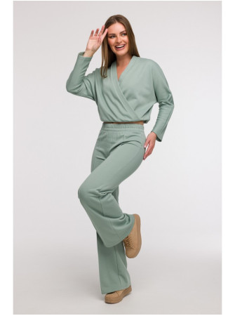 B296 Plačios kelnės su priekinėmis siūlėmis - mėtinė