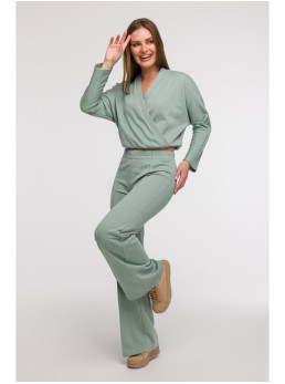 B296 Plačios kelnės su priekinėmis siūlėmis - mėtinė