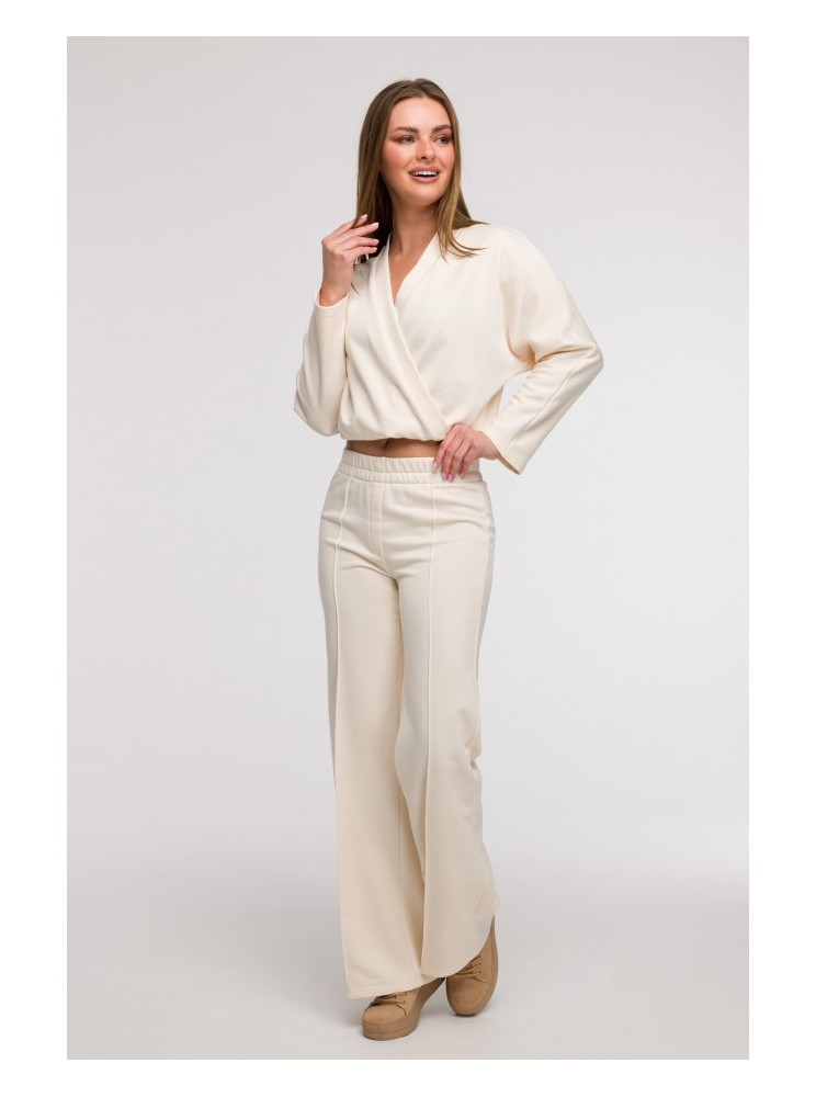 B296 Plačios kelnės su priekinėmis siūlėmis - vanilla
