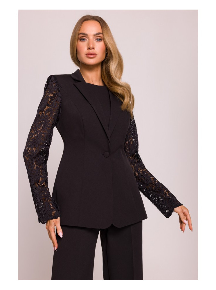 M865 Viengubu sagų švarkas su nėriniais - juoda