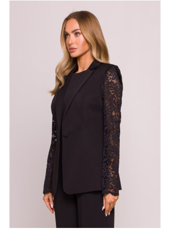 M865 Viengubu sagų švarkas su nėriniais - juoda