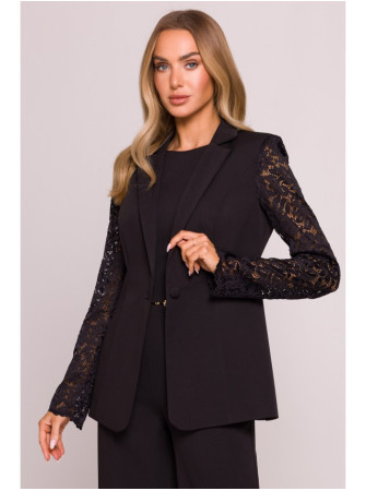 M865 Viengubo užsegimo švarkas su nėrinių detalėmis - juoda