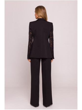 M865 Viengubu sagų švarkas su nėriniais - juoda