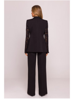 M865 Viengubu sagų švarkas su nėriniais - juoda