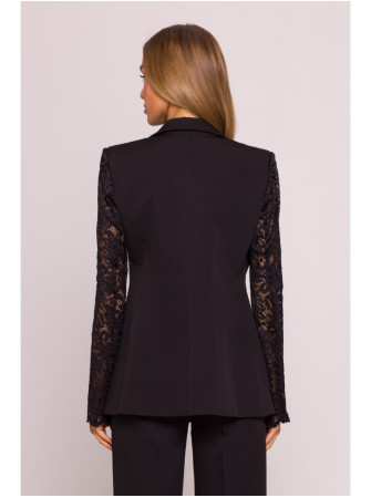 M865 Viengubu sagų švarkas su nėriniais - juoda