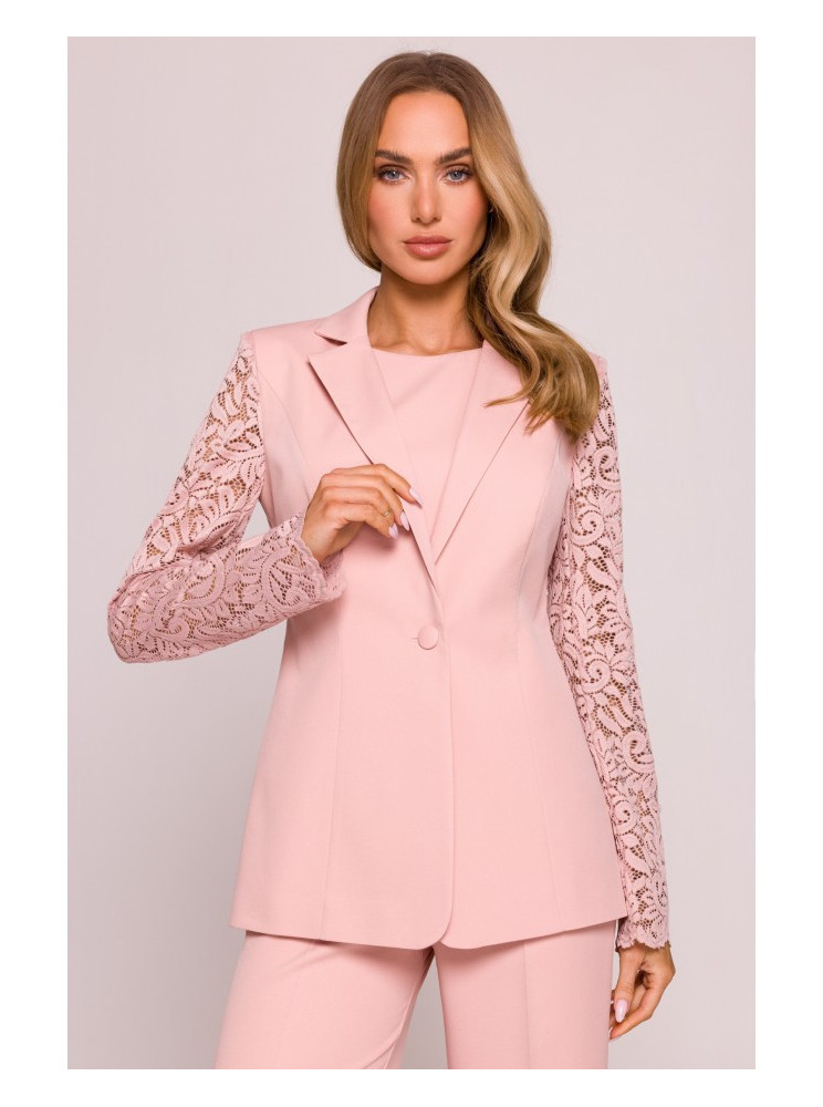 M865 Pudros spalvos švarkas su nėriniais - pudros