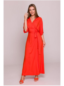 S406 Viskozinė suknelė-sarafanas su klostėmis - koralinė