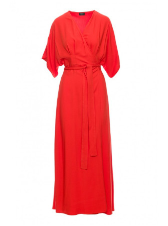 S406 Viskozinė suknelė-siaučiamas maksi ilgio drabužis - koralinė