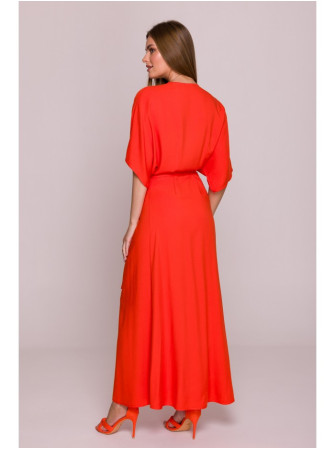 S406 Viskozinė suknelė-sarafanas su klostėmis - koralinė