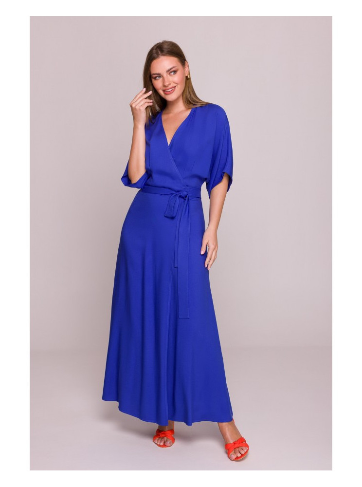 S406 Viskozinė suknelė ilga "wrap" stiliaus - mėlyna