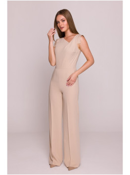 S407 Elegantiškas kombinezonas asimetriška iškirpte - smėlio
