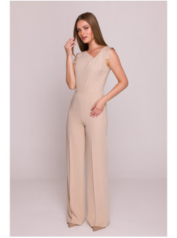 S407 Elegantiškas kombinezonas asimetriška iškirpte - smėlio