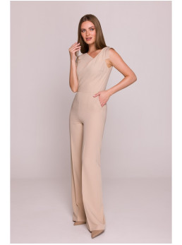 S407 Elegantiškas kombinezonas asimetriška iškirpte - smėlio