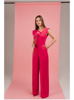 S407 Elegantiškas kombinezonas asimetriška iškirpte - rožinė