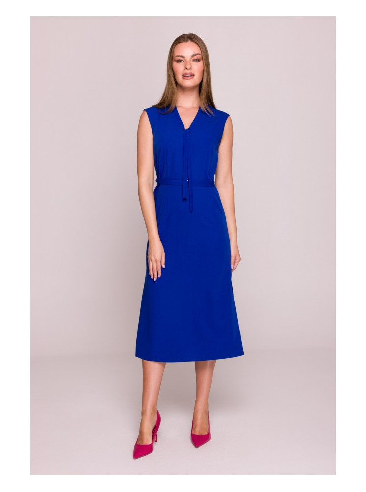 S410 A silueto suknelė su raišteliais ir V formos iškirpte - karališka mėlyna