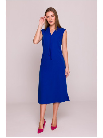S410 A silueto suknelė su raišteliais ir V formos iškirpte - karališka mėlyna