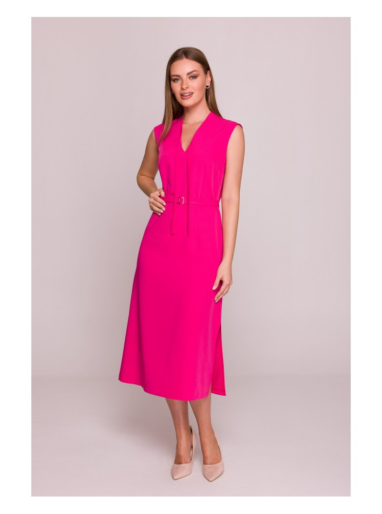 S410 A silueto suknelė su V formos iškirpte ir raišteliais - rožinė