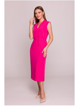 S410 A silueto suknelė su V formos iškirpte ir raišteliais - rožinė