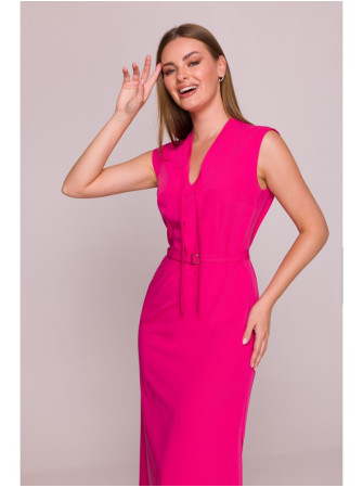 S410 A silueto suknelė su V formos iškirpte ir raišteliais - rožinė
