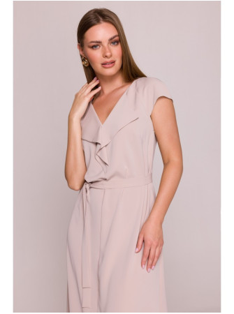 S411 Besiūlė suknelė su raukiniu prie kaklo - smėlio