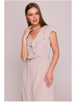 S411 Besiūlė suknelė su raukiniu prie kaklo - smėlio