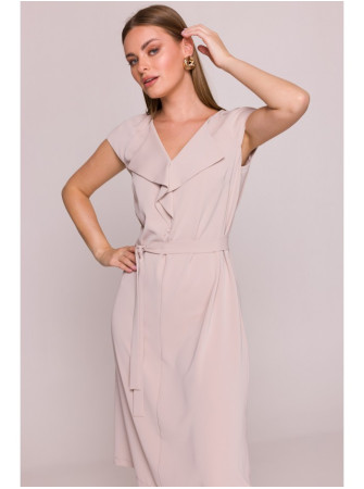 S411 Besiūlė suknelė su raukiniu prie kaklo - smėlio