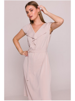 S411 Besiūlė suknelė su raukiniu prie kaklo - smėlio