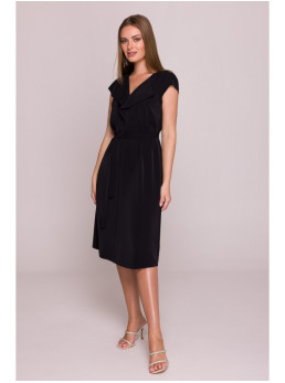 S411 Besiūlė suknelė su raukiniu prie kaklo - juoda