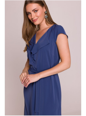 S411 Besiūlė suknelė su raukiniu prie kaklo - mėlyna