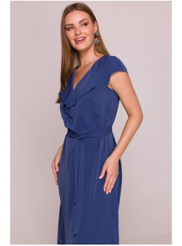 S411 Besiūlė suknelė su raukiniu prie kaklo - mėlyna