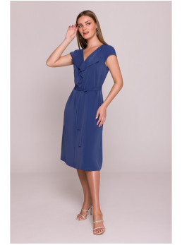S411 Besiūlė suknelė su raukiniu prie kaklo - mėlyna