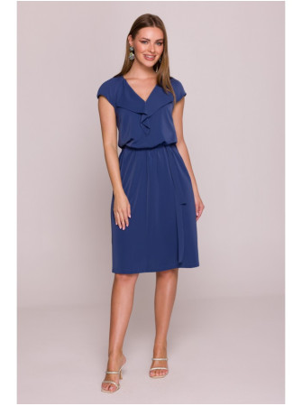 S411 Besiūlė suknelė su raukiniu prie kaklo - mėlyna