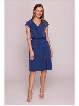 S411 Besiūlė suknelė su raukiniu prie kaklo - mėlyna