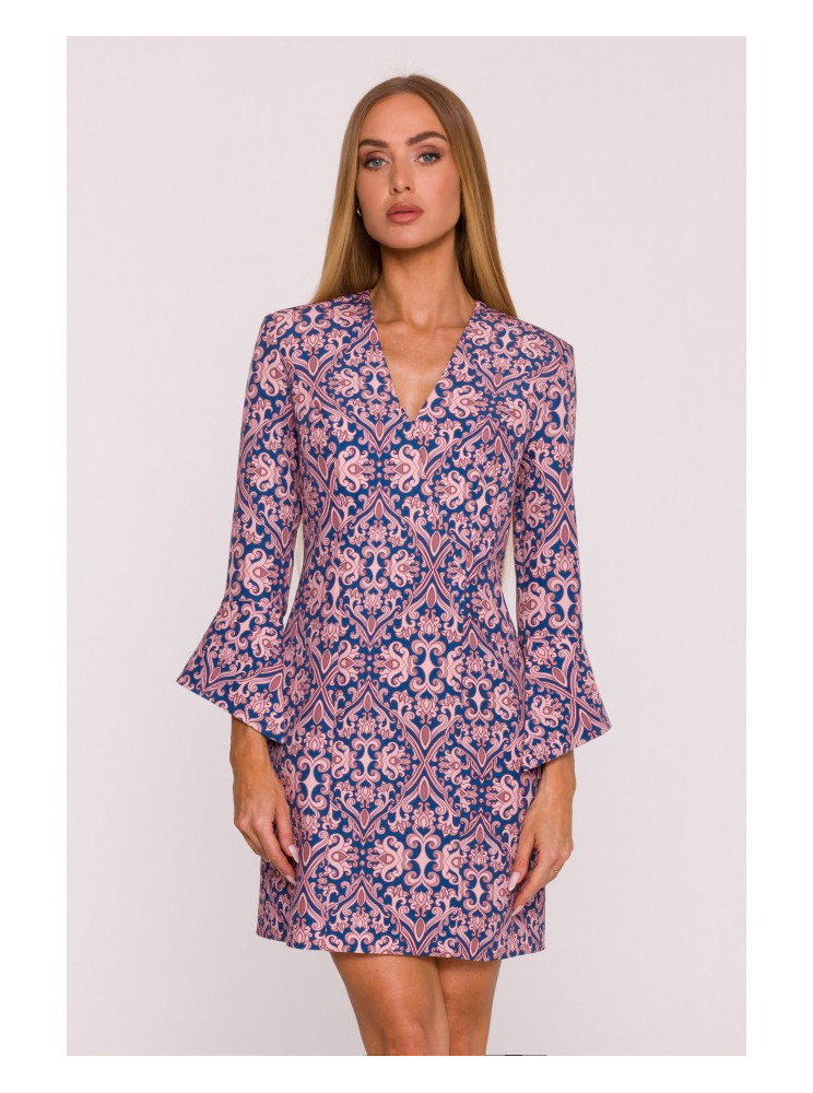 M877 Raštuota suknelė su plačiais rankogaliais - 3 modelis - spalva