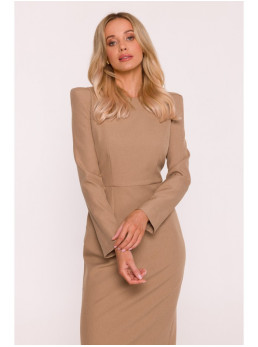 S412 Pieštuko silueto suknelė su dekoratyviniais pečiais - smėlio