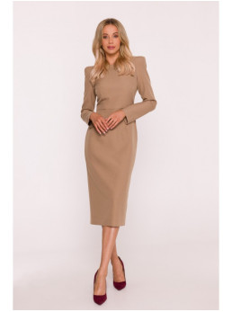 S412 Pieštuko silueto suknelė su dekoratyviniais pečiais - smėlio