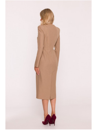 S412 Pieštuko silueto suknelė su dekoratyviniais pečiais - smėlio