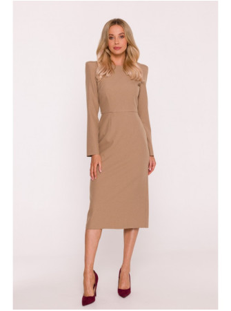 S412 Pieštuko silueto suknelė su dekoratyviniais pečiais - smėlio