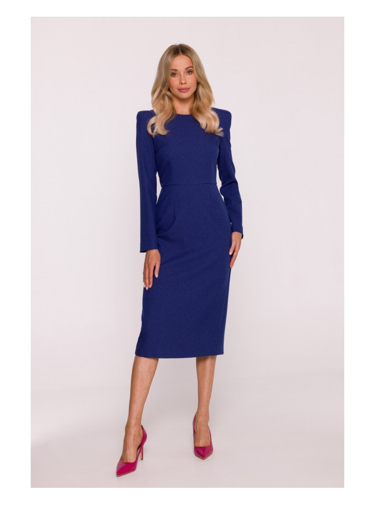 S412 Pieštuko silueto suknelė su dekoratyviniais pečiais - mėlyna