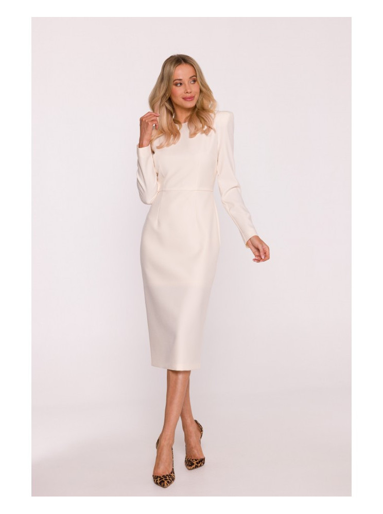 S412 Pieštuko silueto suknelė su dekoratyviniais pečiais - dramblio kaulo