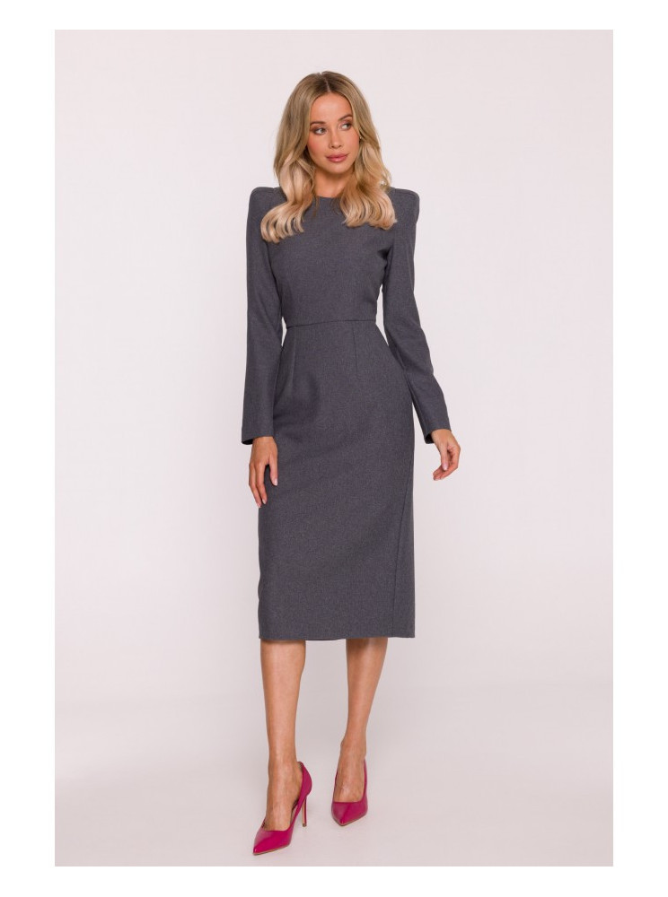 S412 Pieštuko silueto suknelė su dekoratyviniais pečiais - pilka