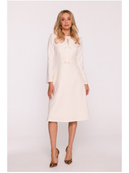 S414 Liemenę pabrėžianti suknelė su kaspinėliais - dramblio kaulo