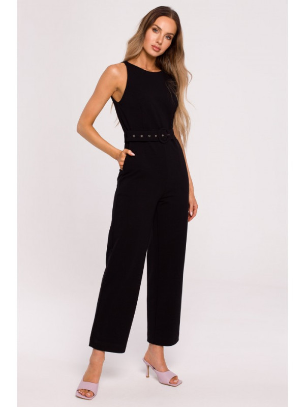 M679 Sleeveless jumpsuit with a buckle belt - black